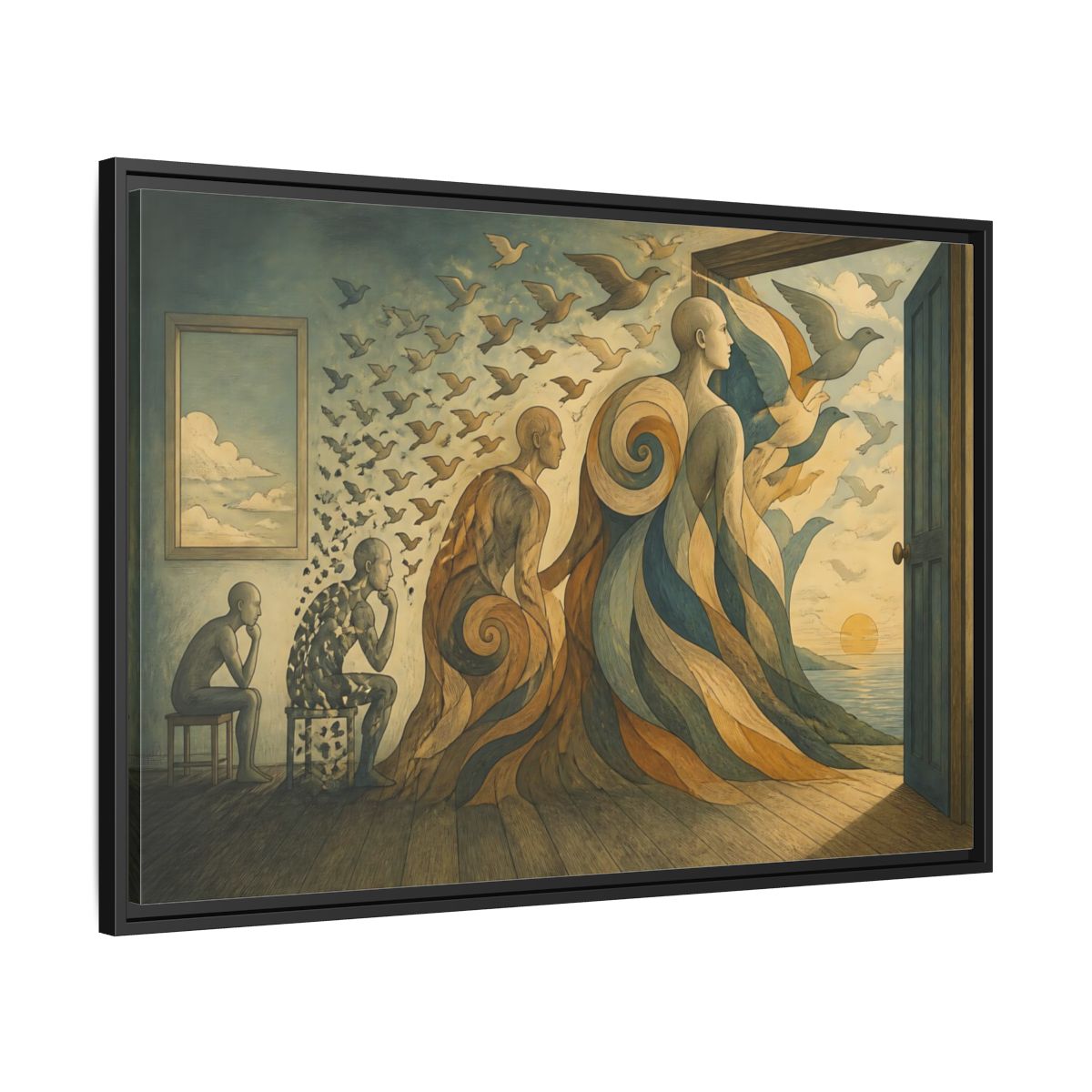 Side Mockup 13. Doorway To Flight shown as framed canvas print