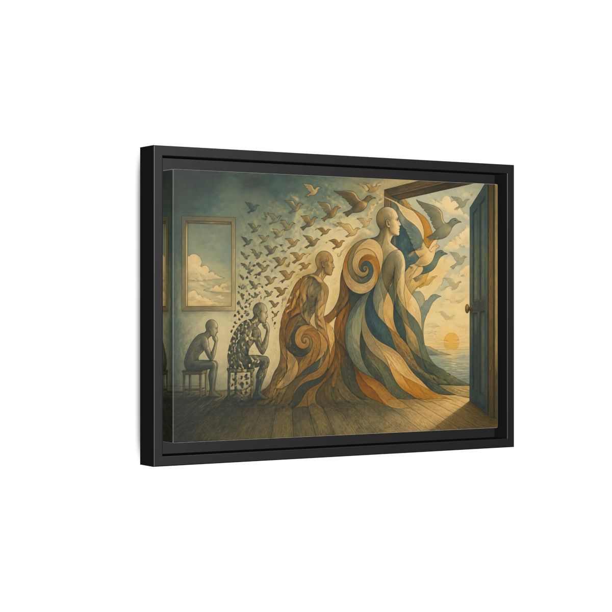 Side Mockup 6. Doorway To Flight shown as framed canvas print