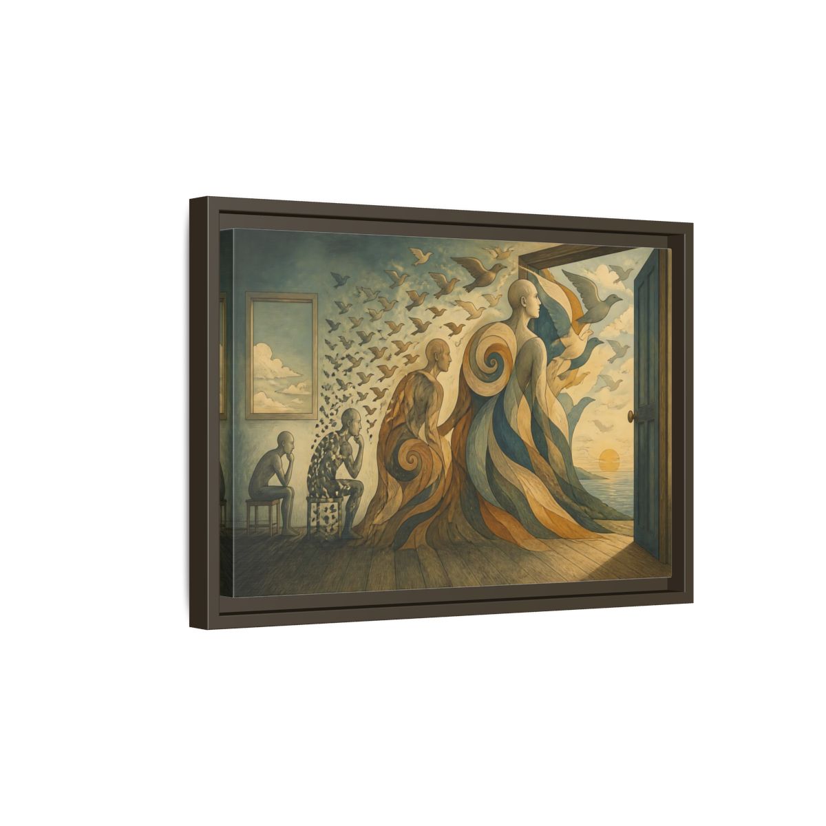 Side Mockup 5. Doorway To Flight shown as framed canvas print