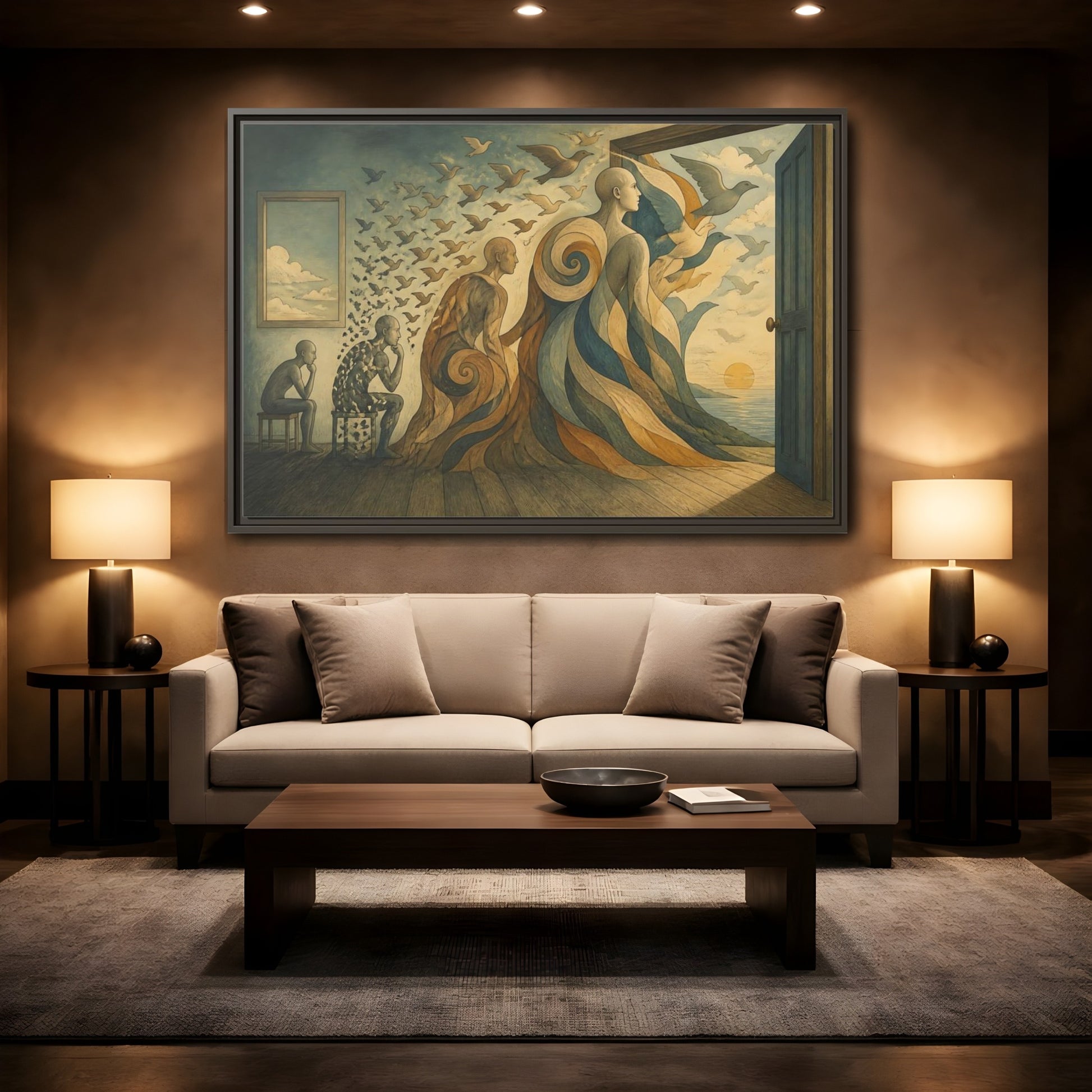Mockup 2. Doorway To Flight shown as framed canvas print