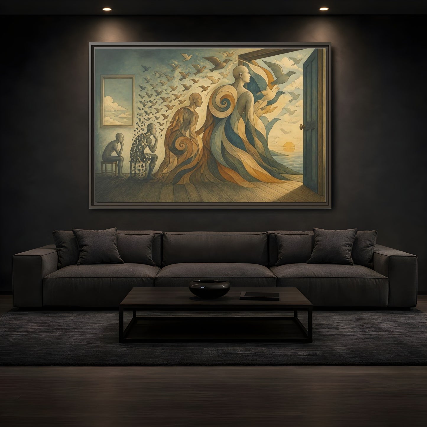 Mockup 3. Doorway To Flight shown as framed canvas print