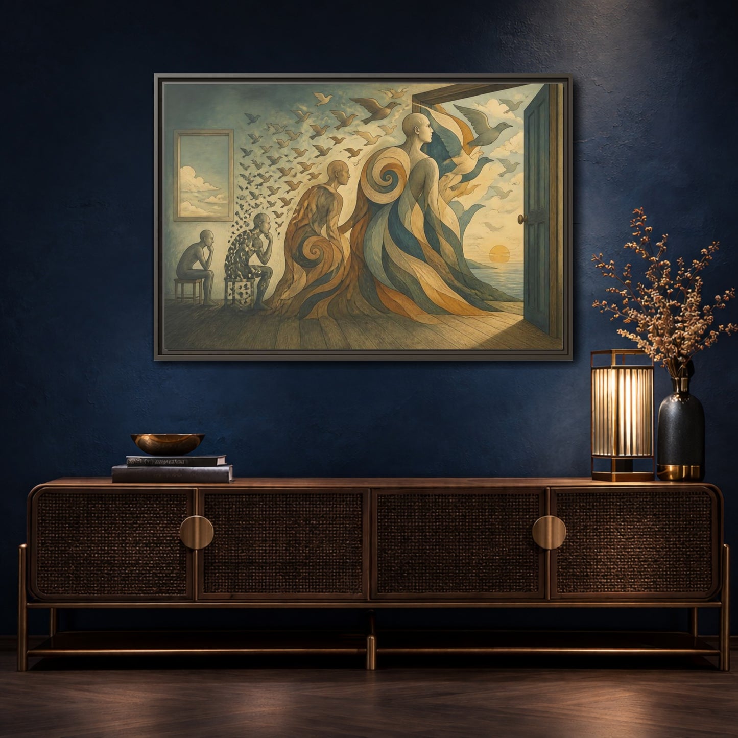Mockup 4. Doorway To Flight shown as framed canvas print
