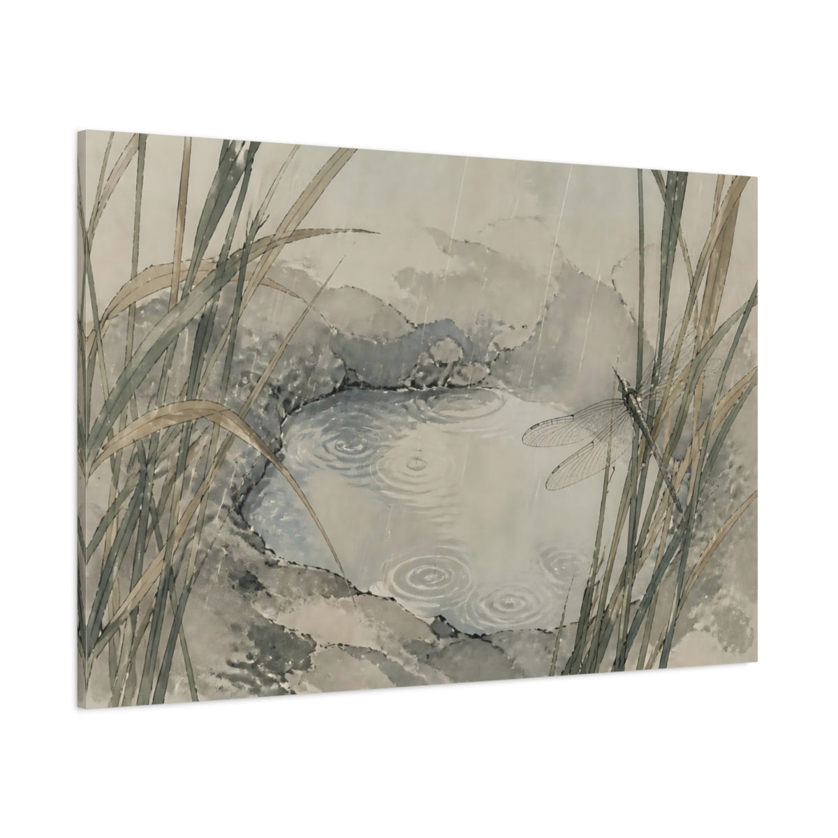 Side Mockup 1. Dragonfly At Stone Pool shown as canvas print