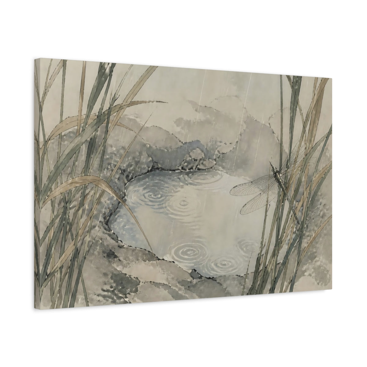 Side Mockup 2. Dragonfly At Stone Pool shown as canvas print