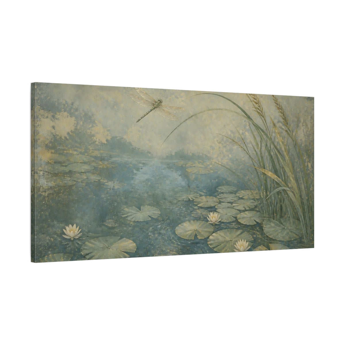 Main Mockup. Dragonfly Over Lily Pond shown as canvas print