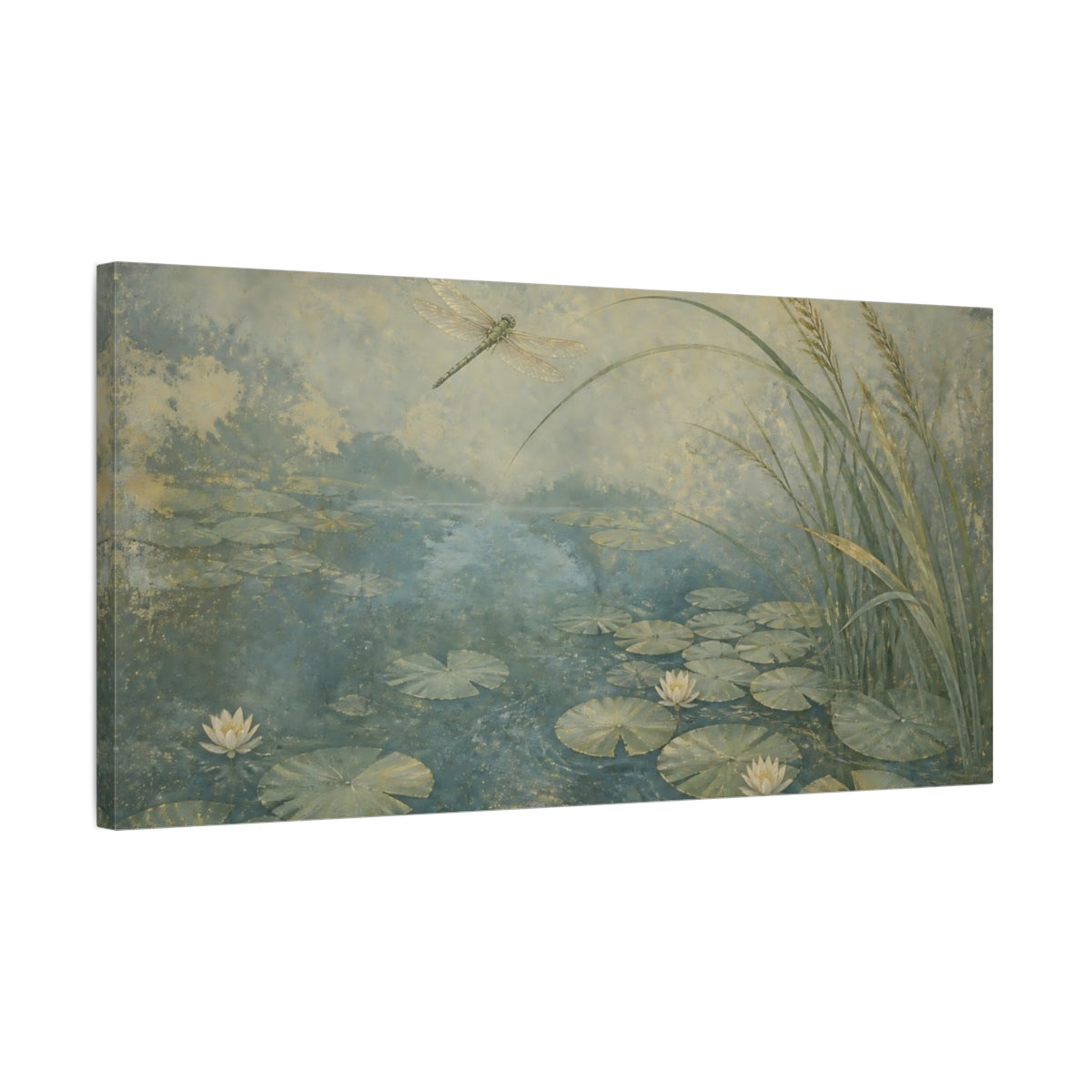 Side Mockup 1. Dragonfly Over Lily Pond shown as canvas print