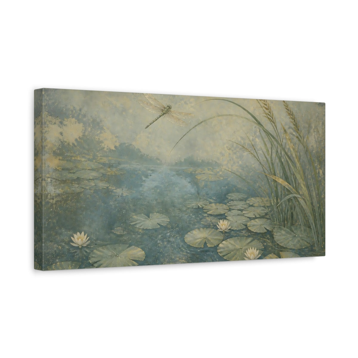 Side Mockup 3. Dragonfly Over Lily Pond shown as canvas print