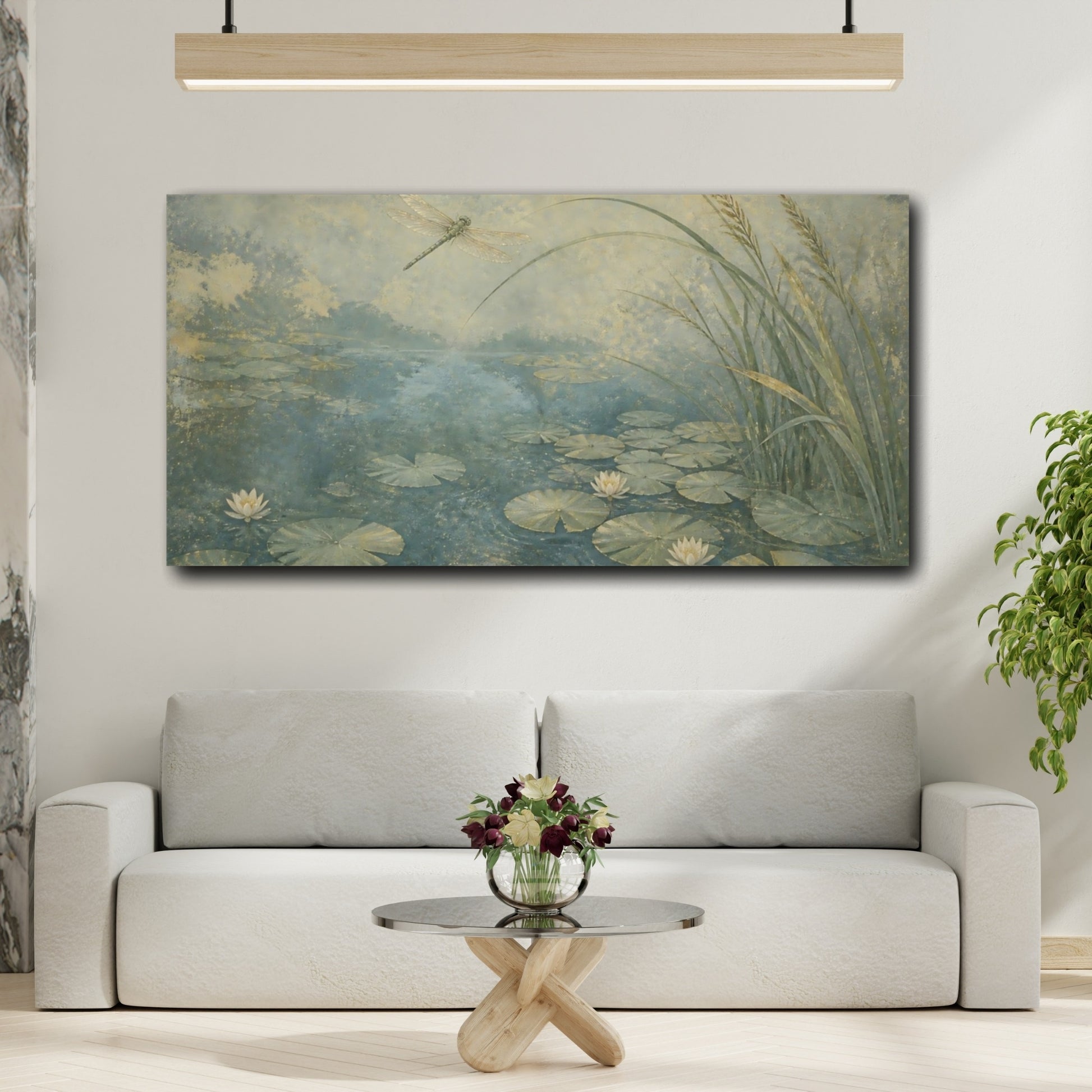 Mockup 2. Dragonfly Over Lily Pond shown as canvas print