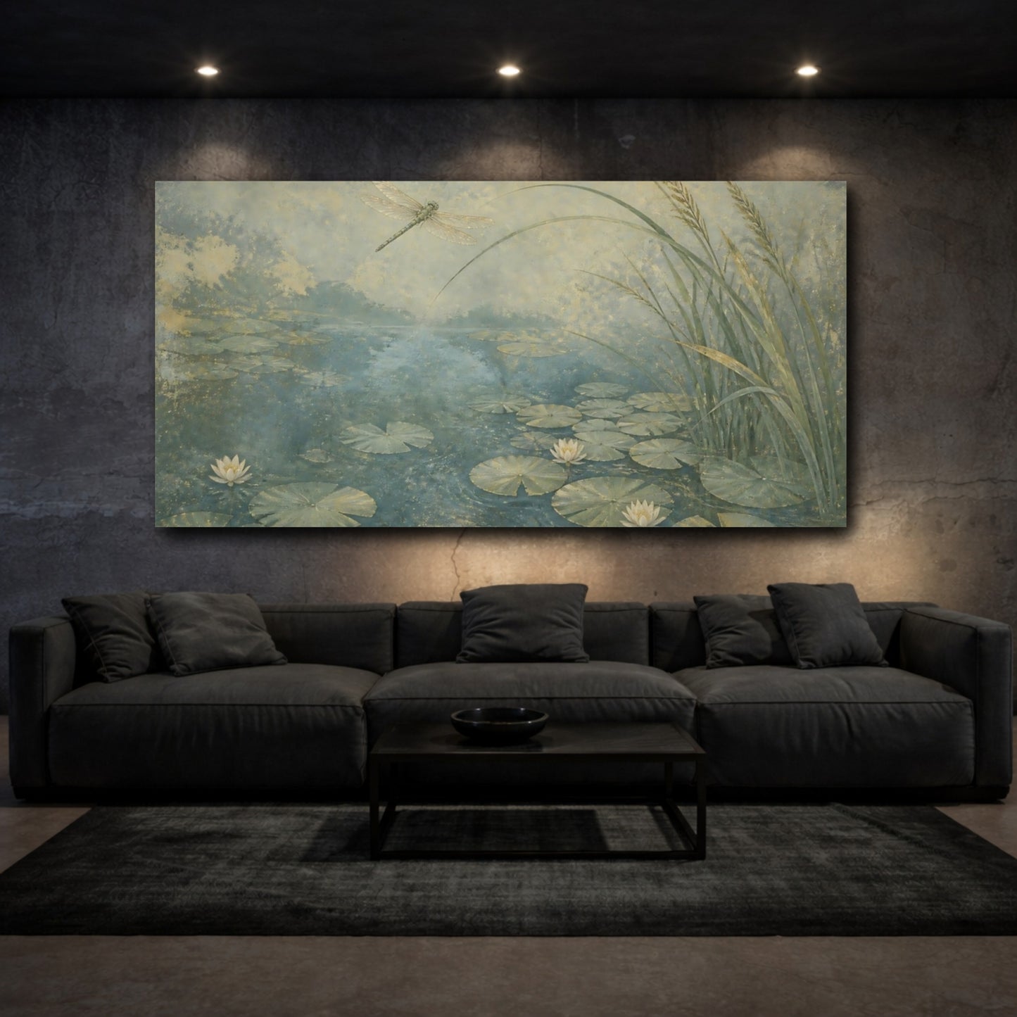 Mockup 3. Dragonfly Over Lily Pond shown as canvas print