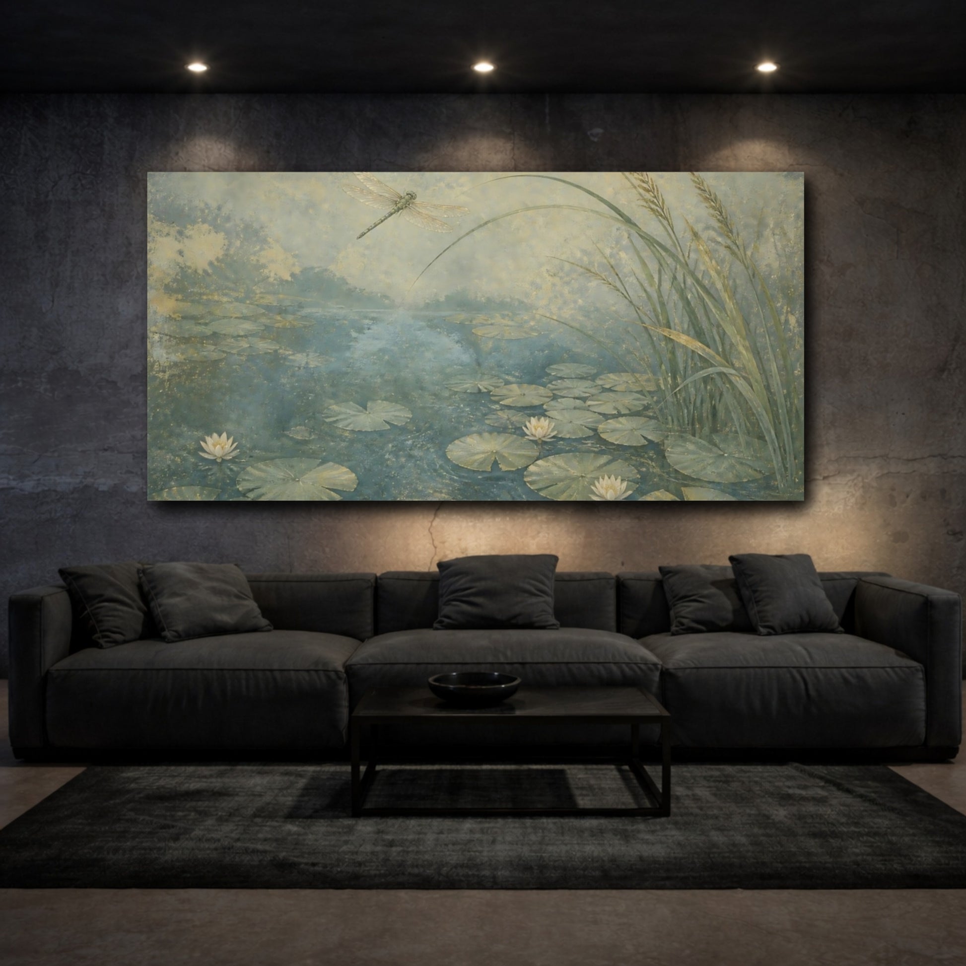 Mockup 3. Dragonfly Over Lily Pond shown as canvas print