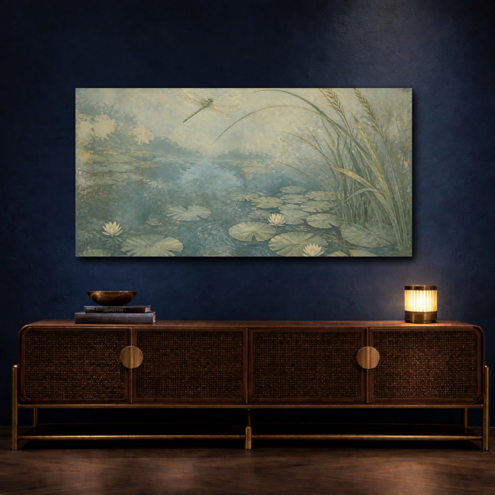 Mockup 4. Dragonfly Over Lily Pond shown as canvas print
