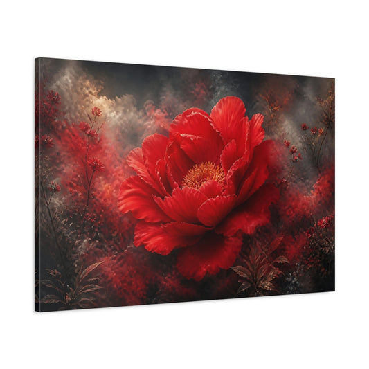 Main Mockup. Dramatic Scarlet Bloom shown as canvas print