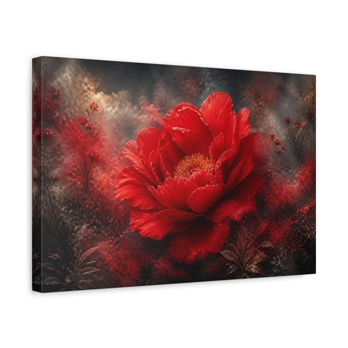 Side Mockup 4. Dramatic Scarlet Bloom shown as canvas print