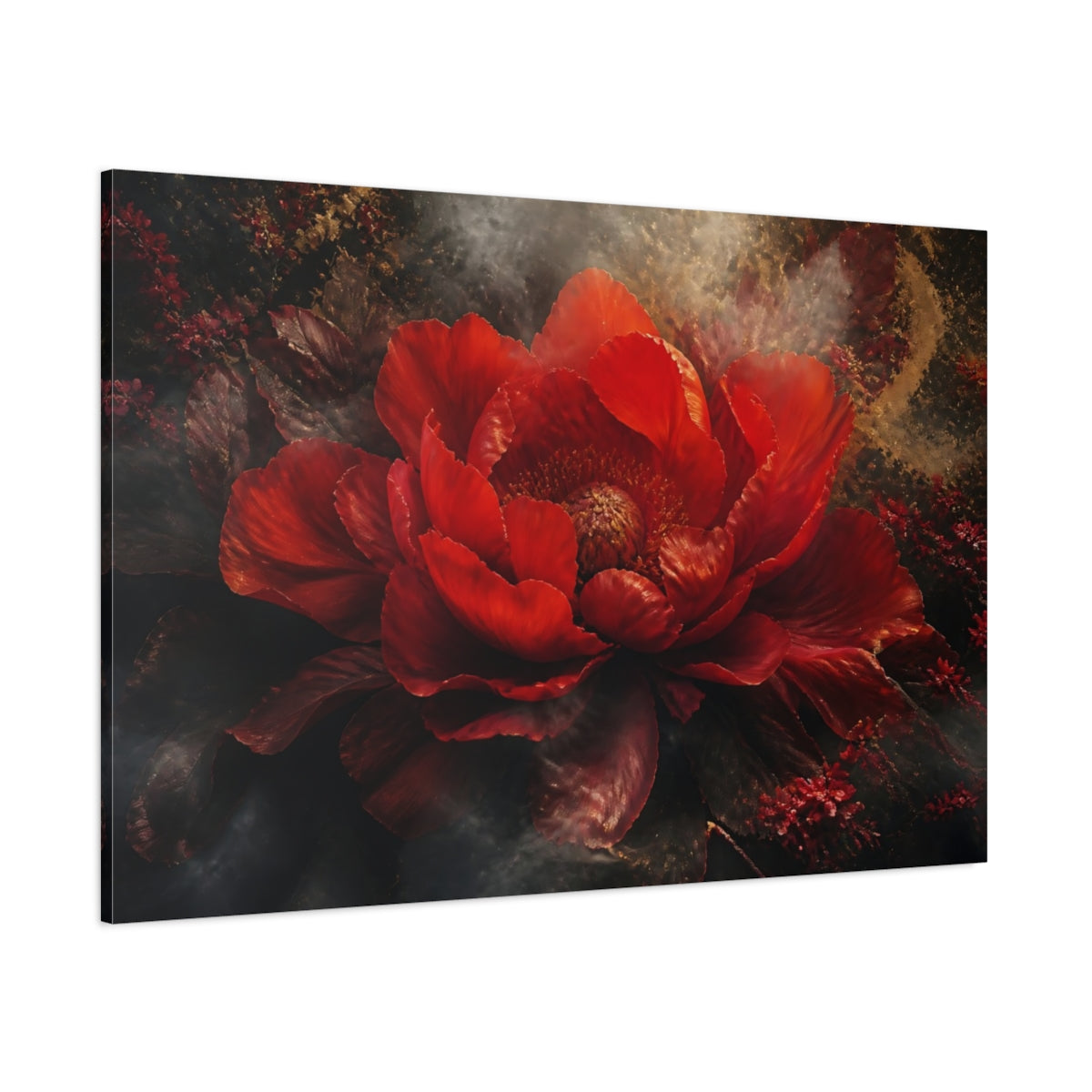 Side Mockup 1. Dramatic Scarlet Bloom shown as canvas print