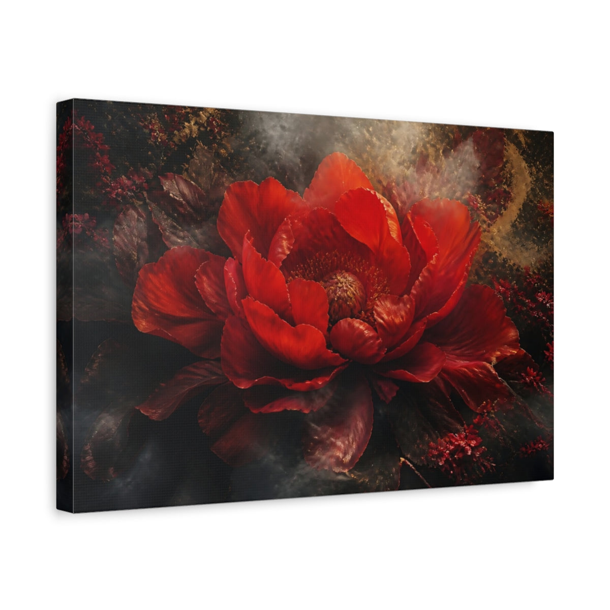 Side Mockup 4. Dramatic Scarlet Bloom shown as canvas print