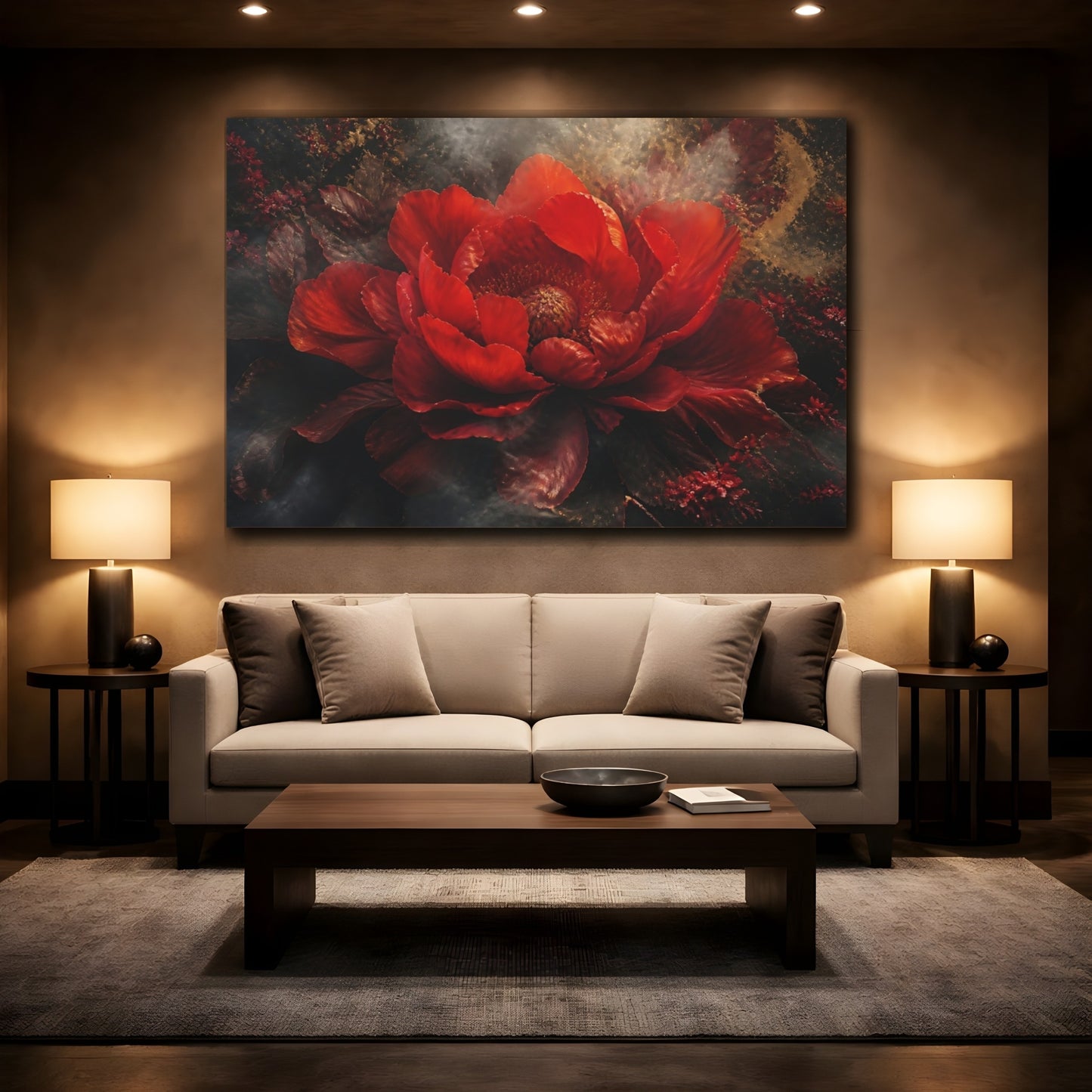 Mockup 2. Dramatic Scarlet Bloom shown as canvas print