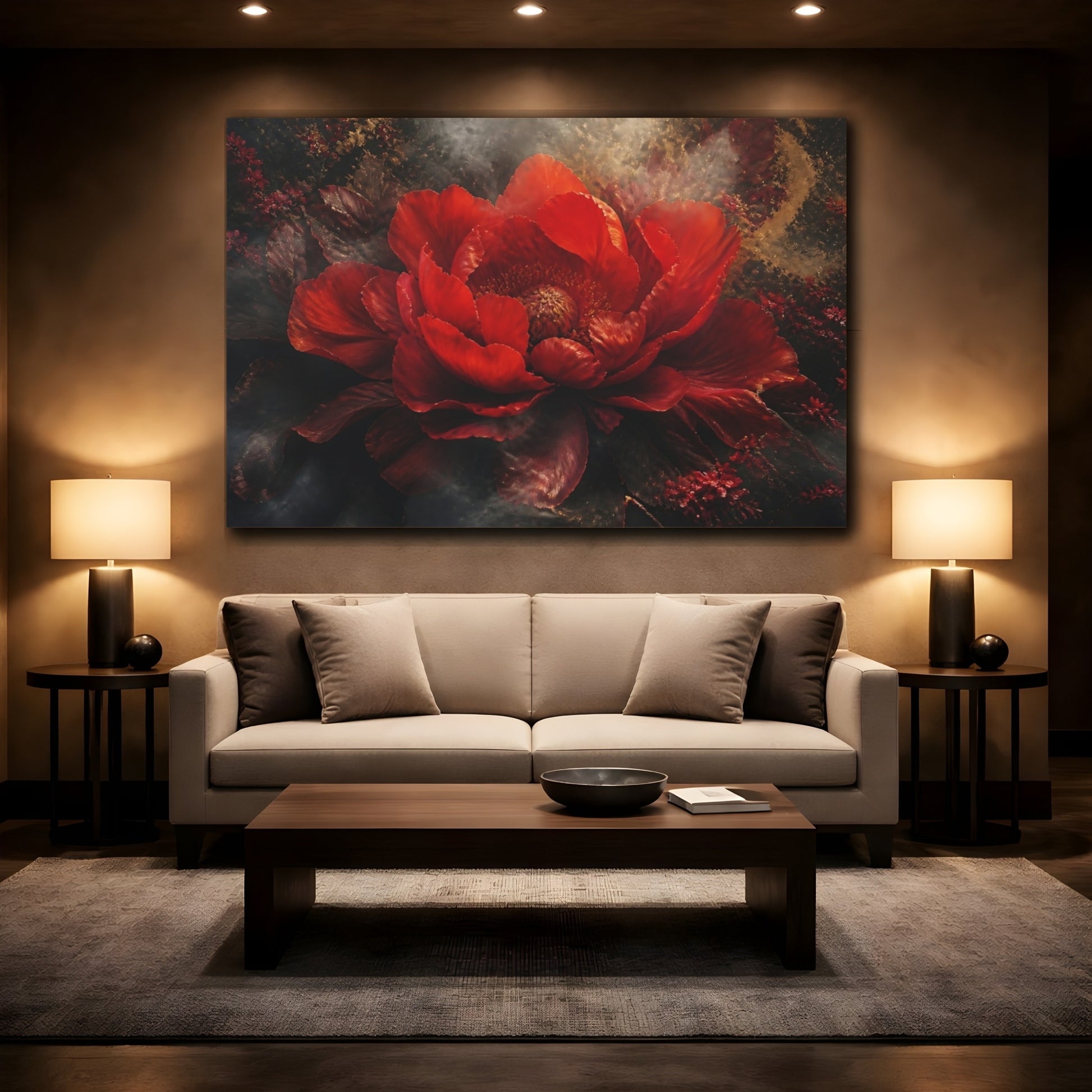 Mockup 2. Dramatic Scarlet Bloom shown as canvas print