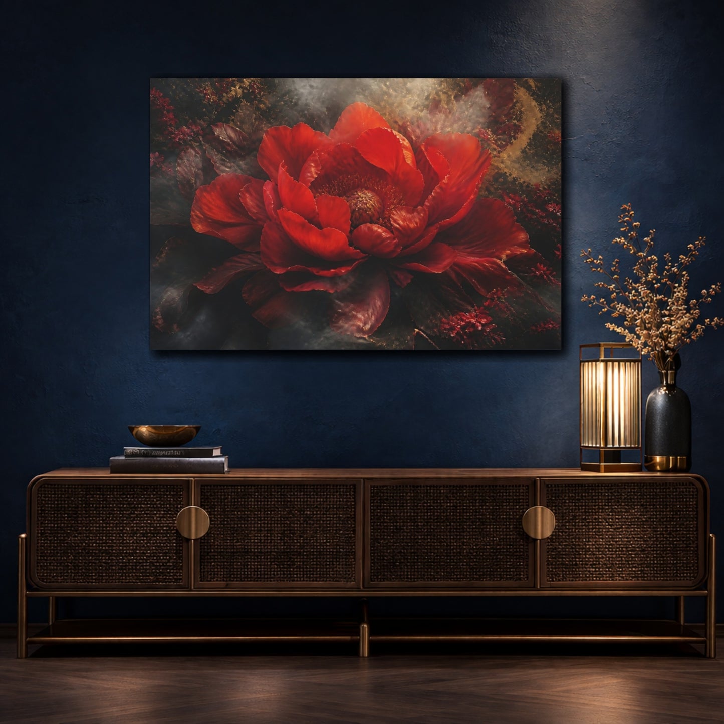 Mockup 4. Dramatic Scarlet Bloom shown as canvas print