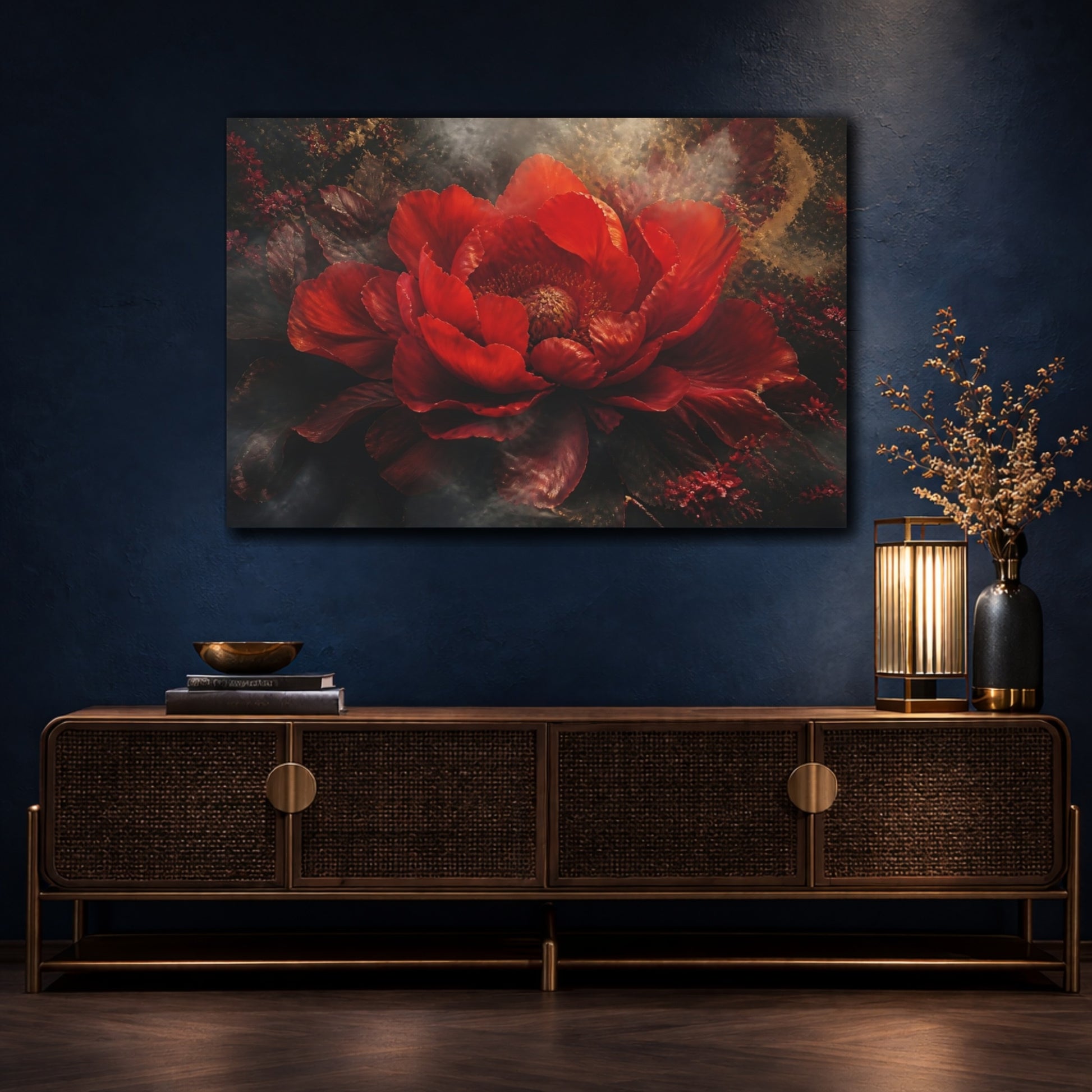 Mockup 4. Dramatic Scarlet Bloom shown as canvas print