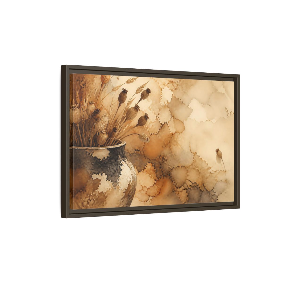 Side Mockup 2. Dried Seedpod Still Life shown as framed canvas print