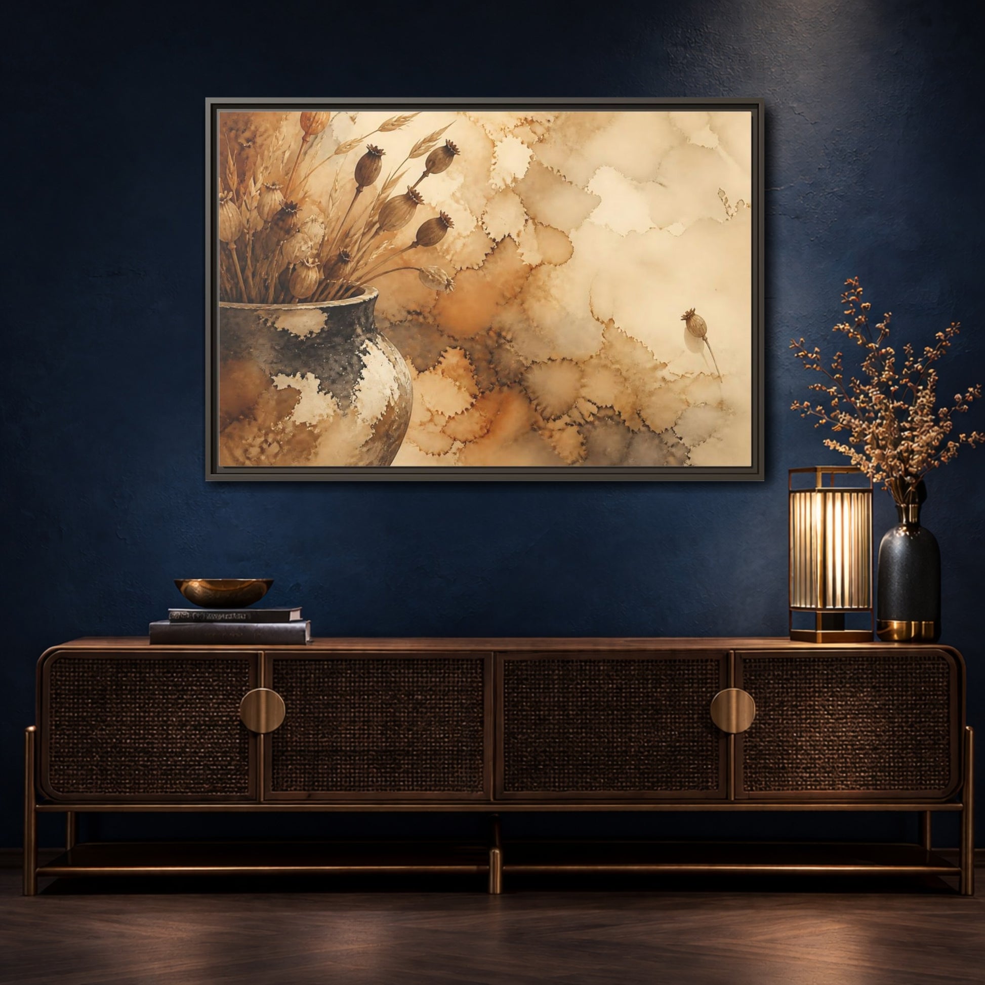 Mockup 4. Dried Seedpod Still Life shown as framed canvas print