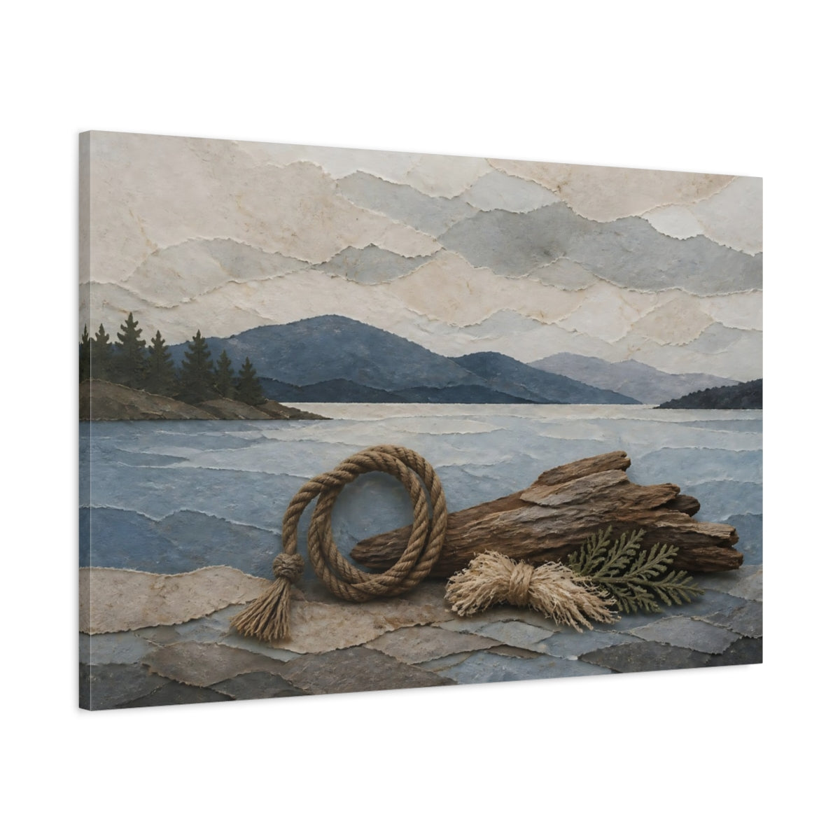 Main Mockup. Driftwood And Rope Seascape shown as canvas print