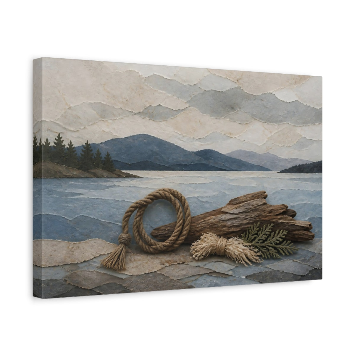 Side Mockup 4. Driftwood And Rope Seascape shown as canvas print