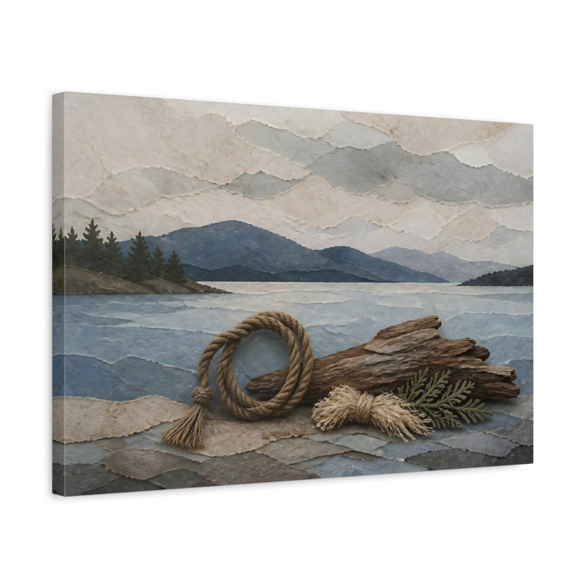Side Mockup 3. Driftwood And Rope Seascape shown as canvas print