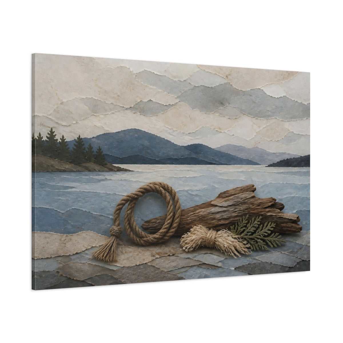 Side Mockup 1. Driftwood And Rope Seascape shown as canvas print
