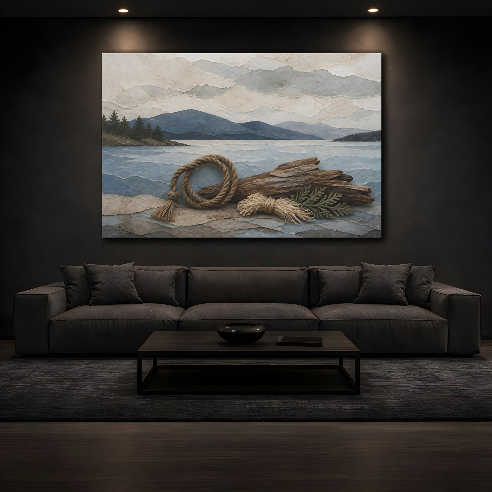 Mockup 3. Driftwood And Rope Seascape shown as canvas print