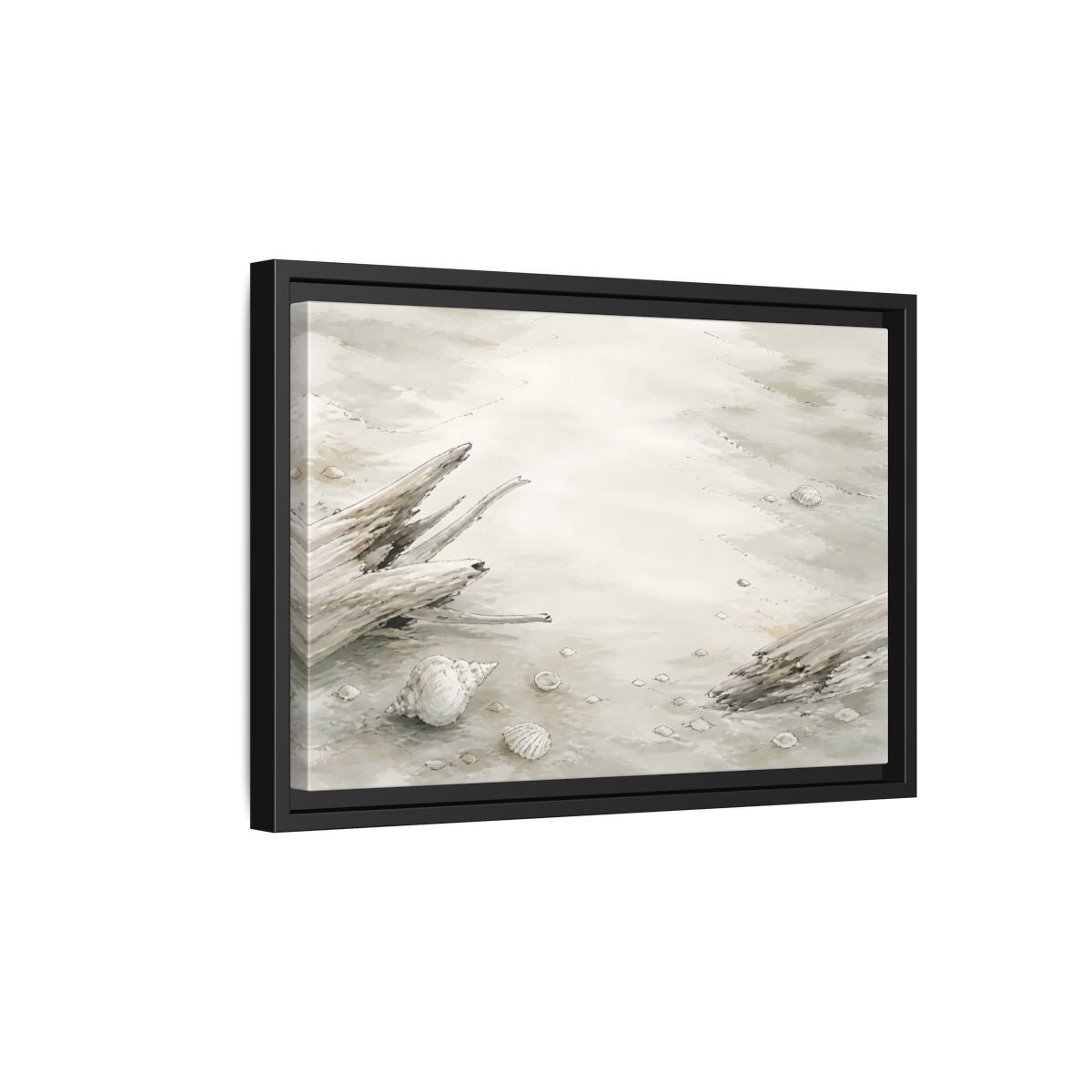 Side Mockup 6. Driftwood And Shells shown as framed canvas print