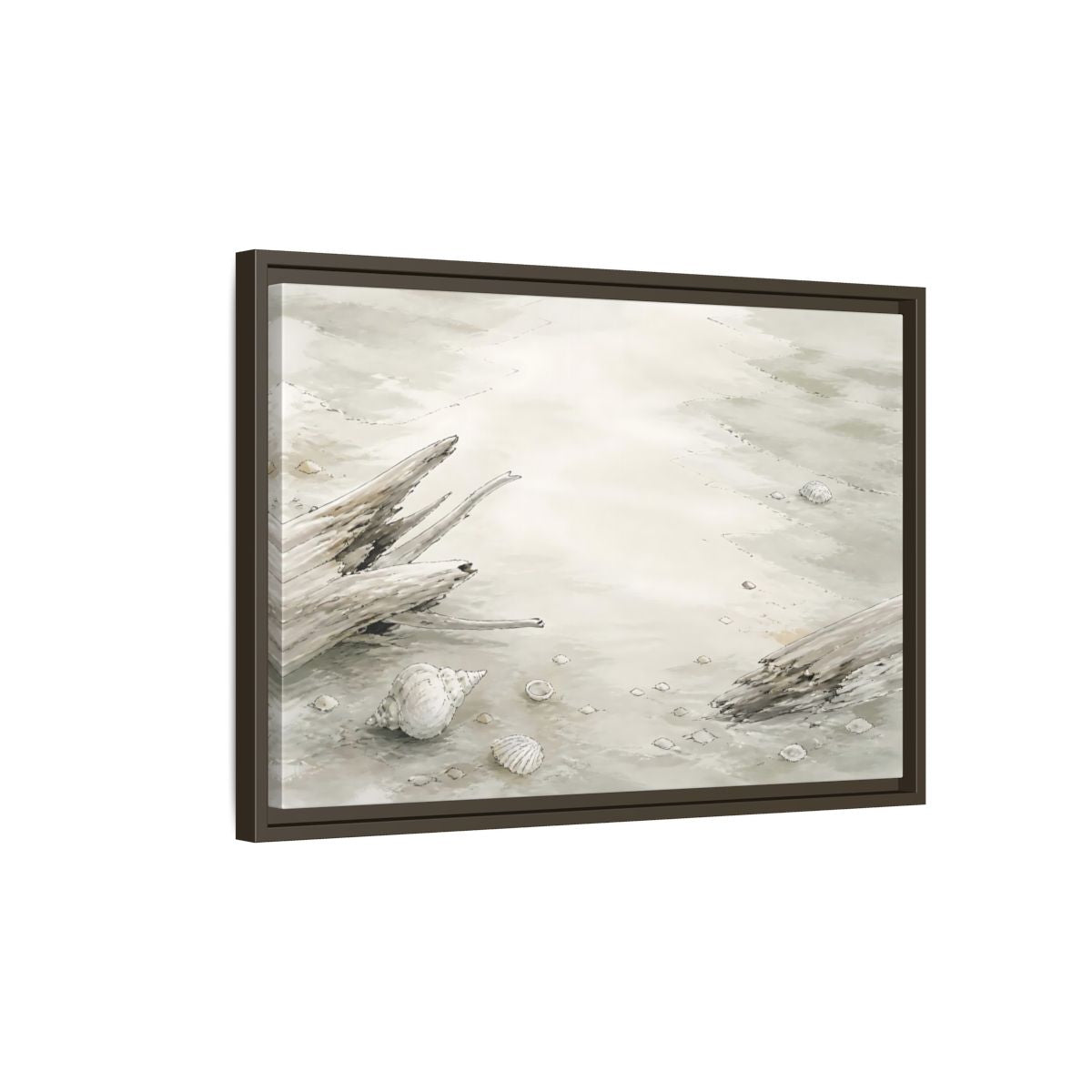 Side Mockup 2. Driftwood And Shells shown as framed canvas print