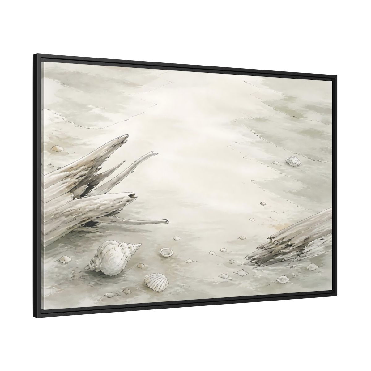 Side Mockup 12. Driftwood And Shells shown as framed canvas print