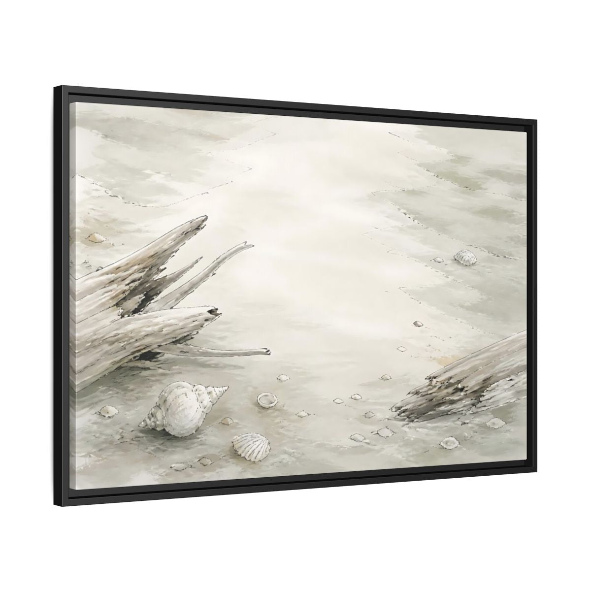 Side Mockup 13. Driftwood And Shells shown as framed canvas print