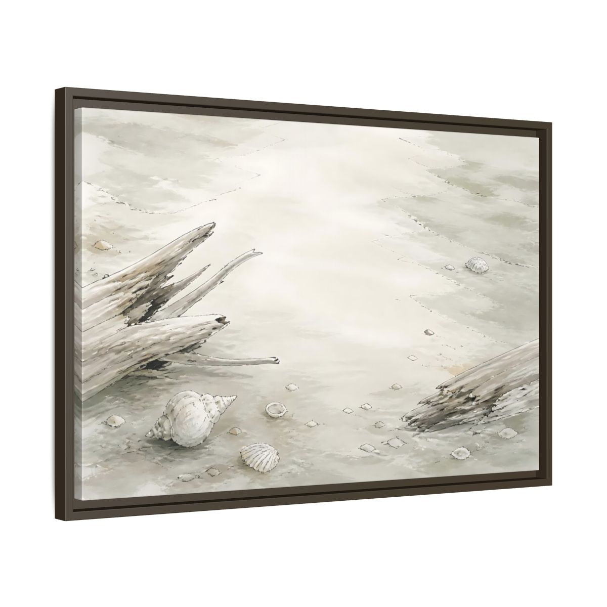 Side Mockup 11. Driftwood And Shells shown as framed canvas print