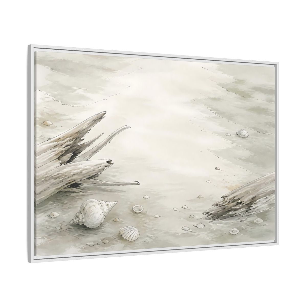 Side Mockup 7. Driftwood And Shells shown as framed canvas print