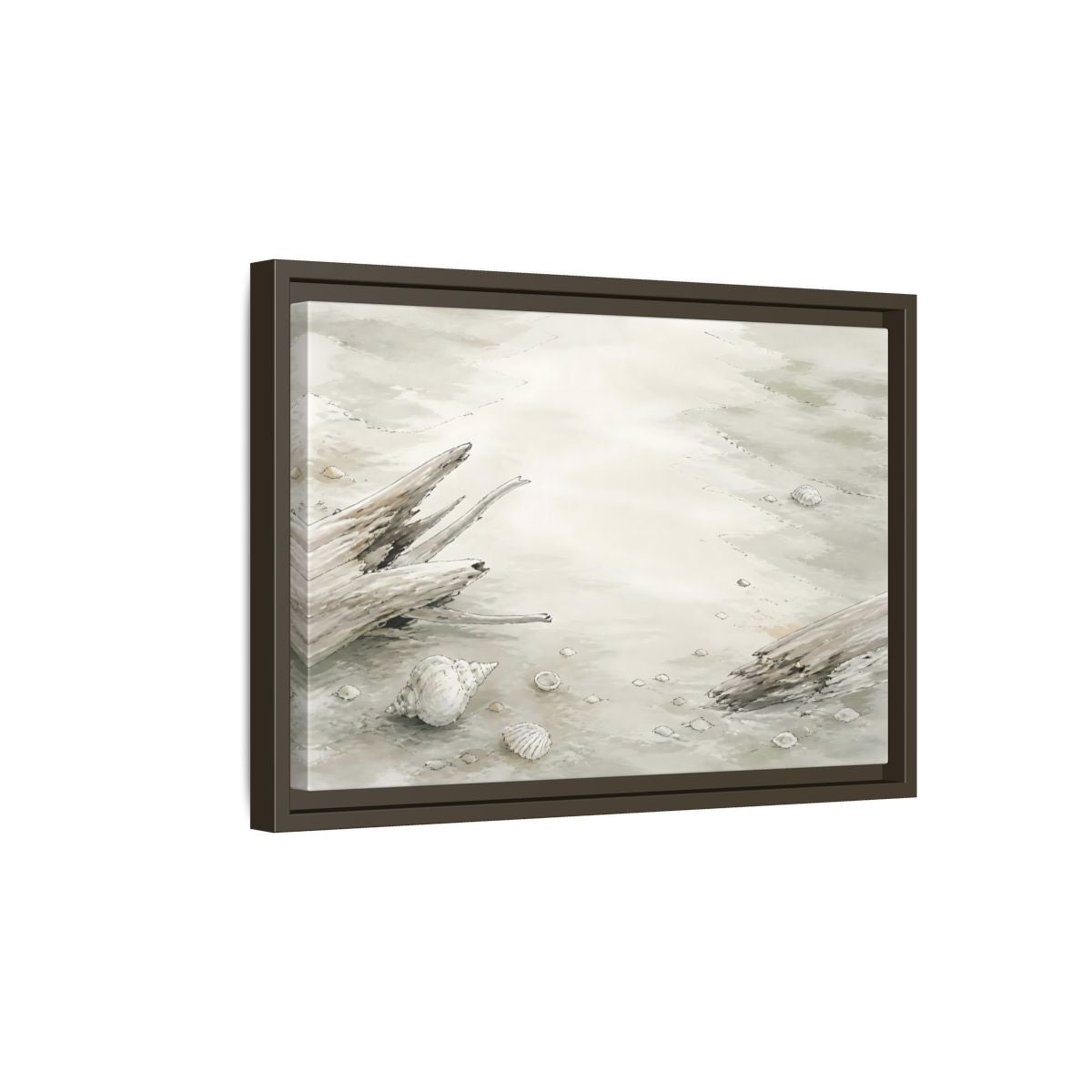 Side Mockup 5. Driftwood And Shells shown as framed canvas print