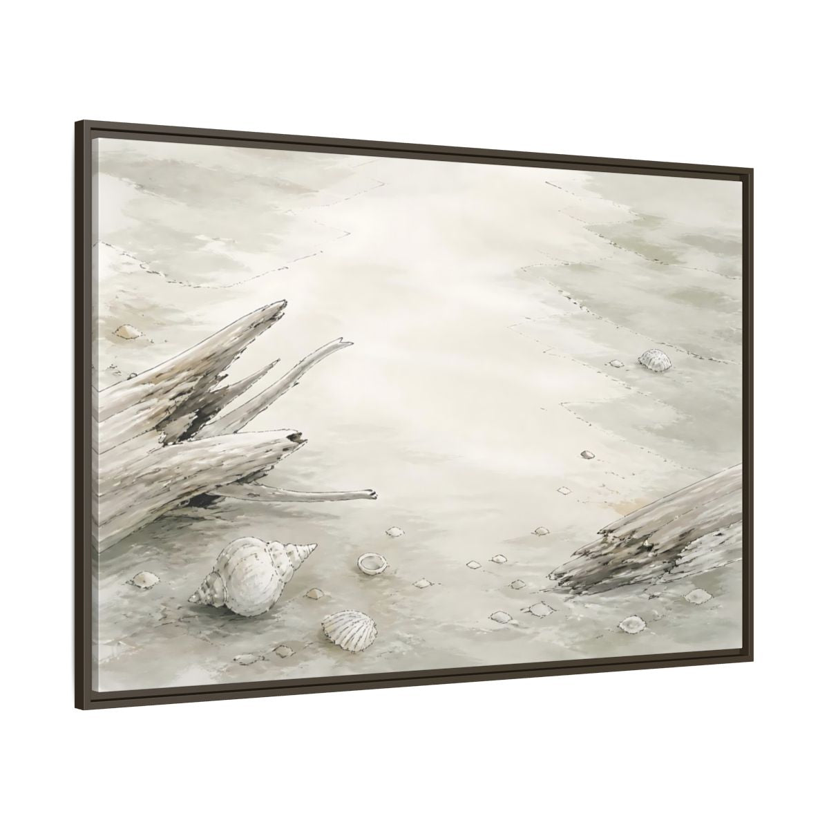 Side Mockup 8. Driftwood And Shells shown as framed canvas print