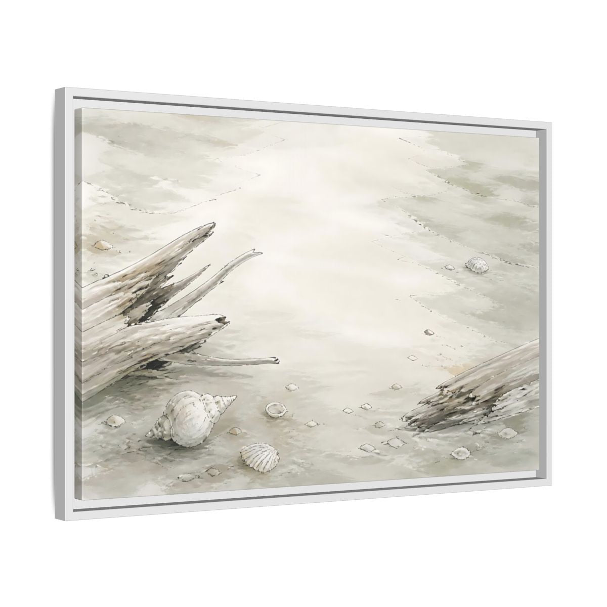 Side Mockup 10. Driftwood And Shells shown as framed canvas print