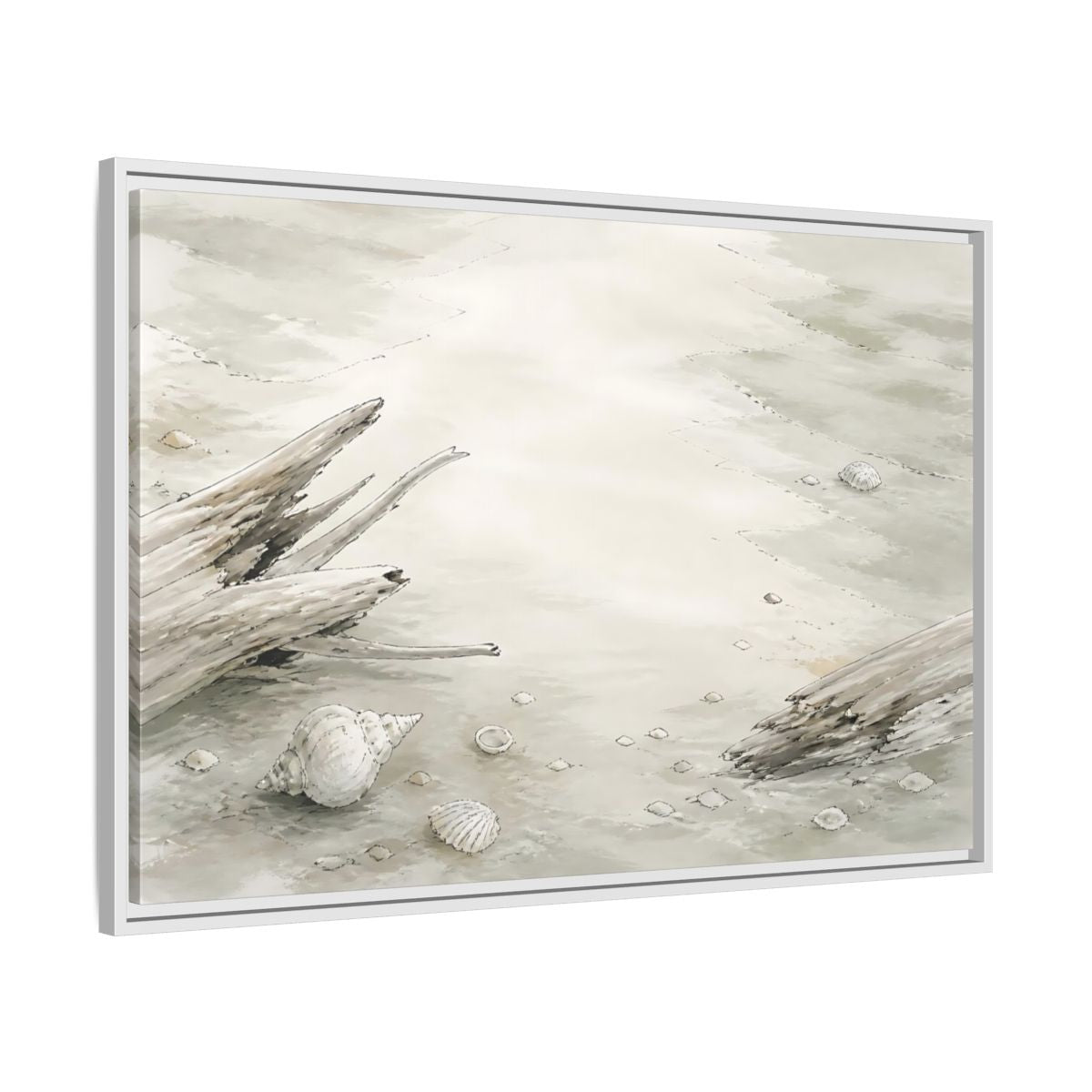 Side Mockup 9. Driftwood And Shells shown as framed canvas print