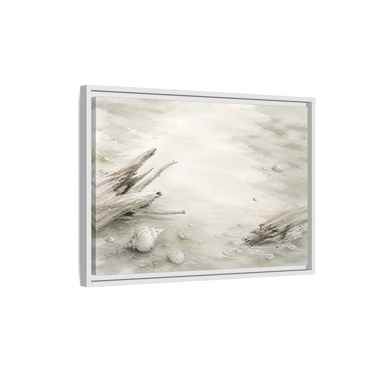 Side Mockup 1. Driftwood And Shells shown as framed canvas print