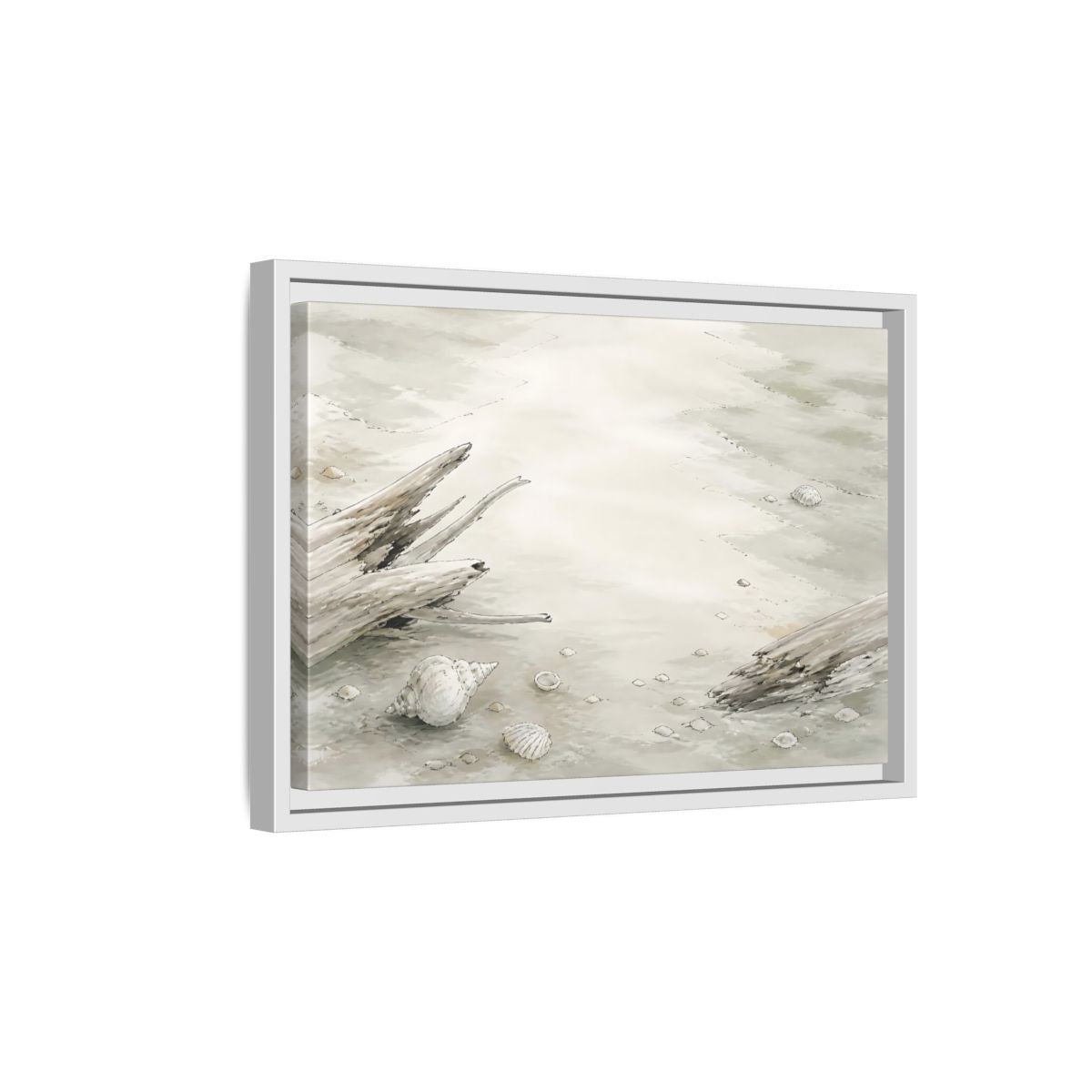 Side Mockup 4. Driftwood And Shells shown as framed canvas print