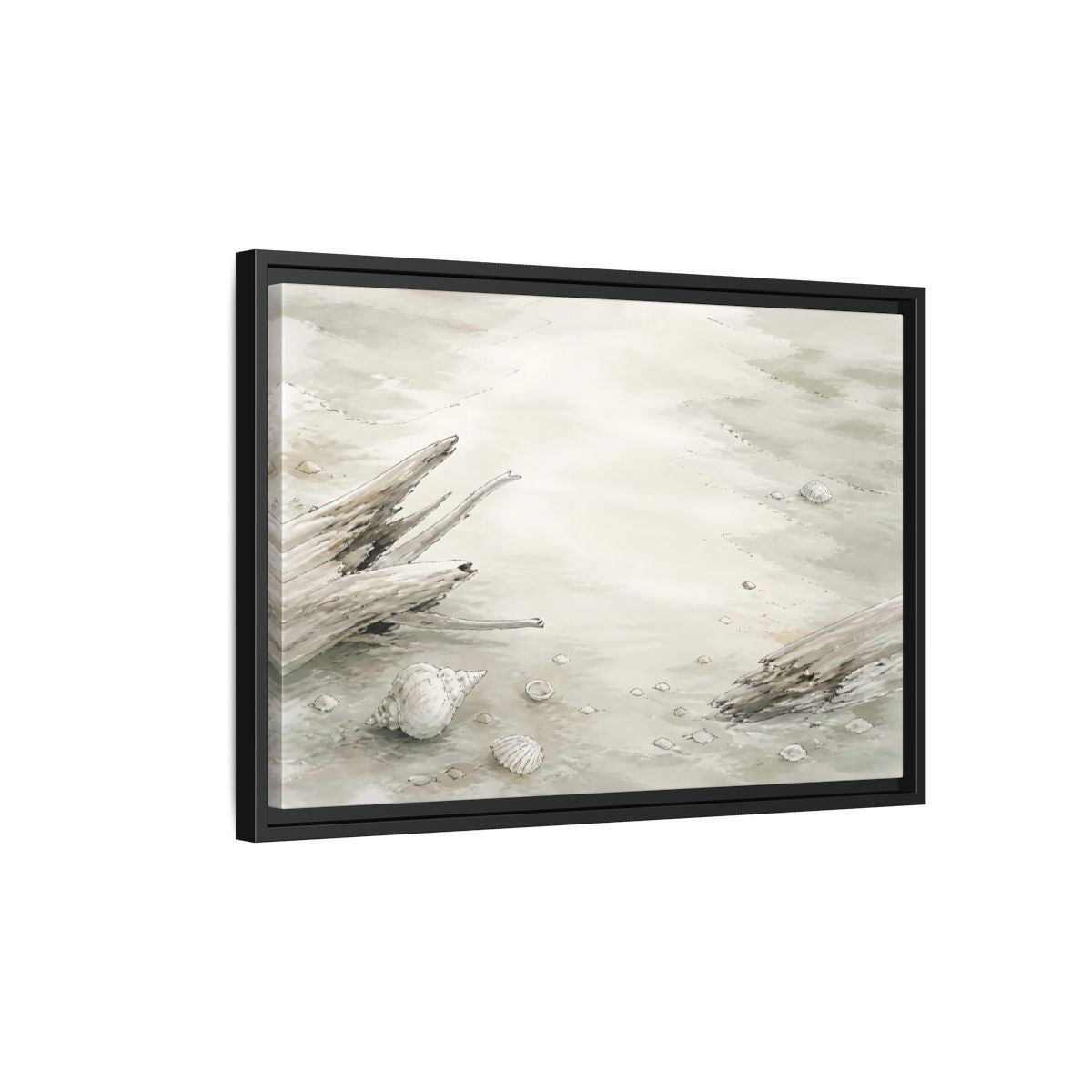Side Mockup 3. Driftwood And Shells shown as framed canvas print