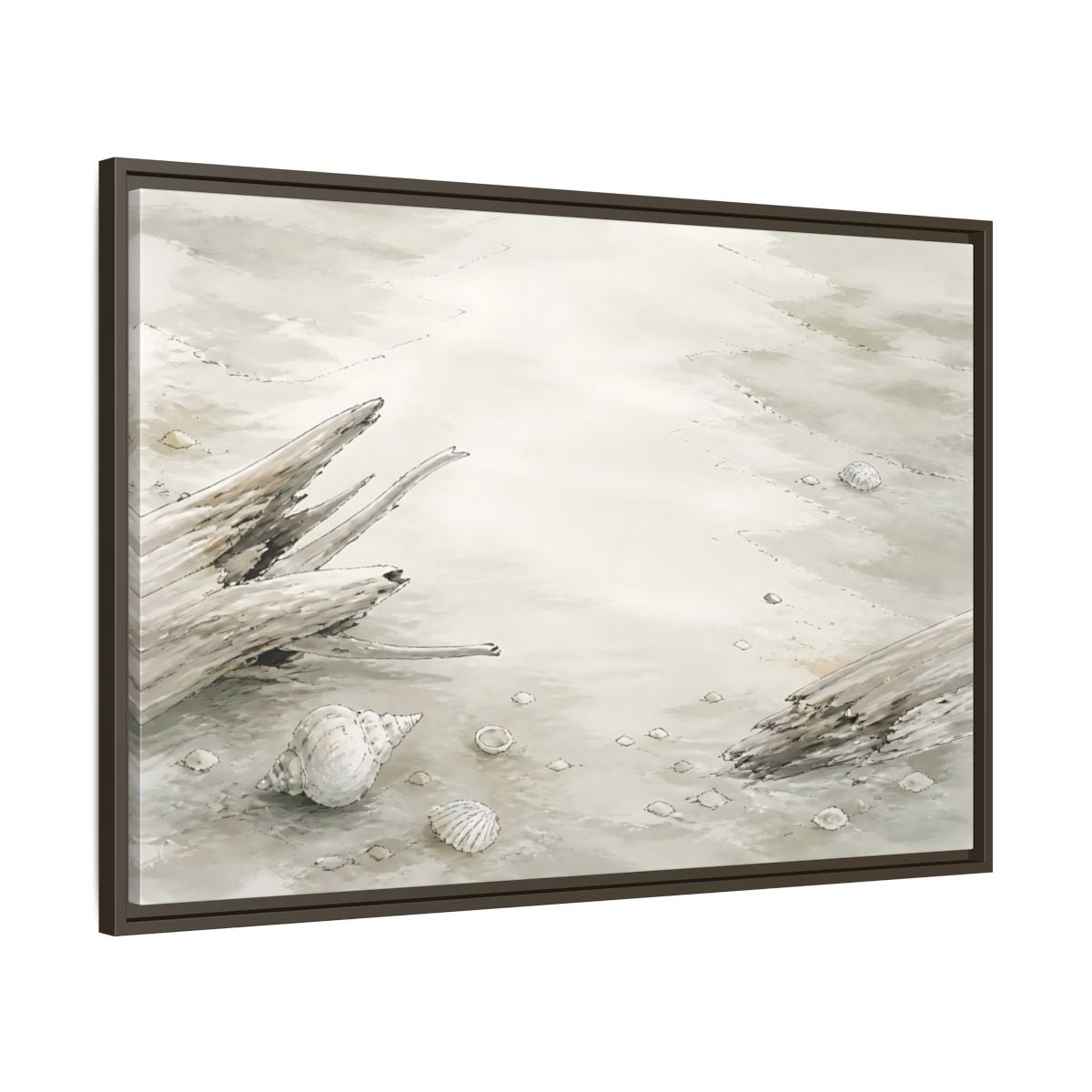 Main Mockup. Driftwood And Shells shown as framed canvas print