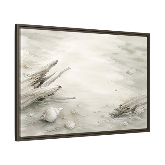 Main Mockup. Driftwood And Shells shown as framed canvas print