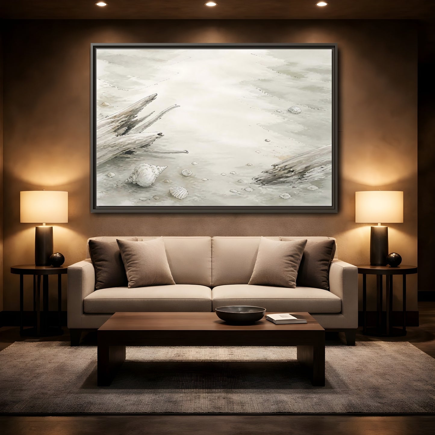 Mockup 2. Driftwood And Shells shown as framed canvas print