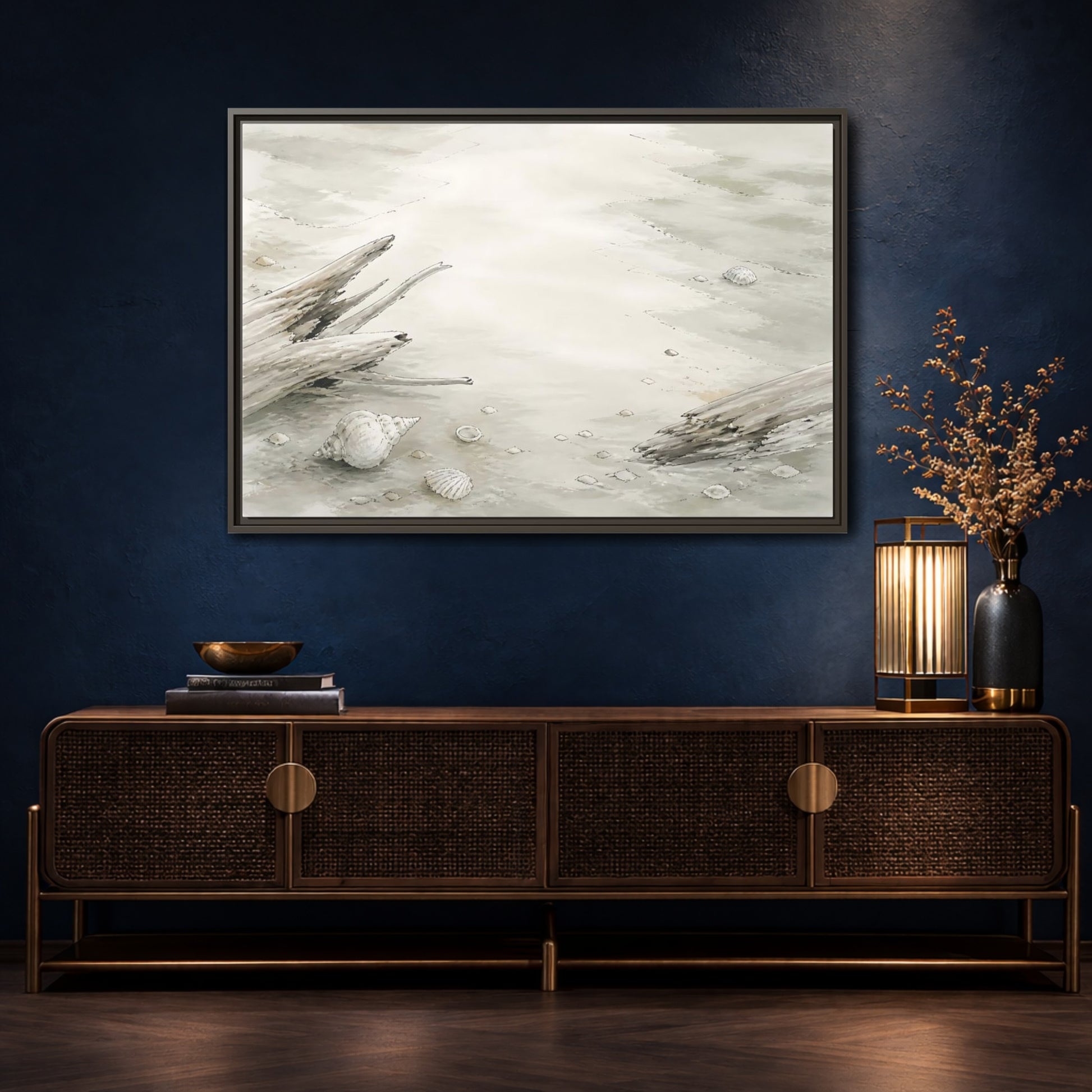 Mockup 4. Driftwood And Shells shown as framed canvas print
