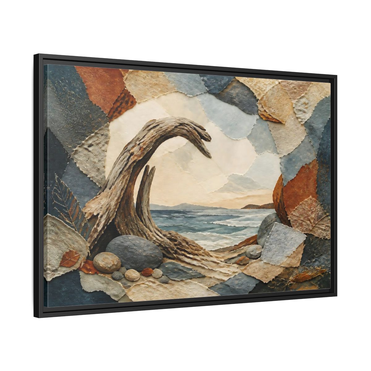 Side Mockup 13. Driftwood Arch Seascape shown as framed canvas print