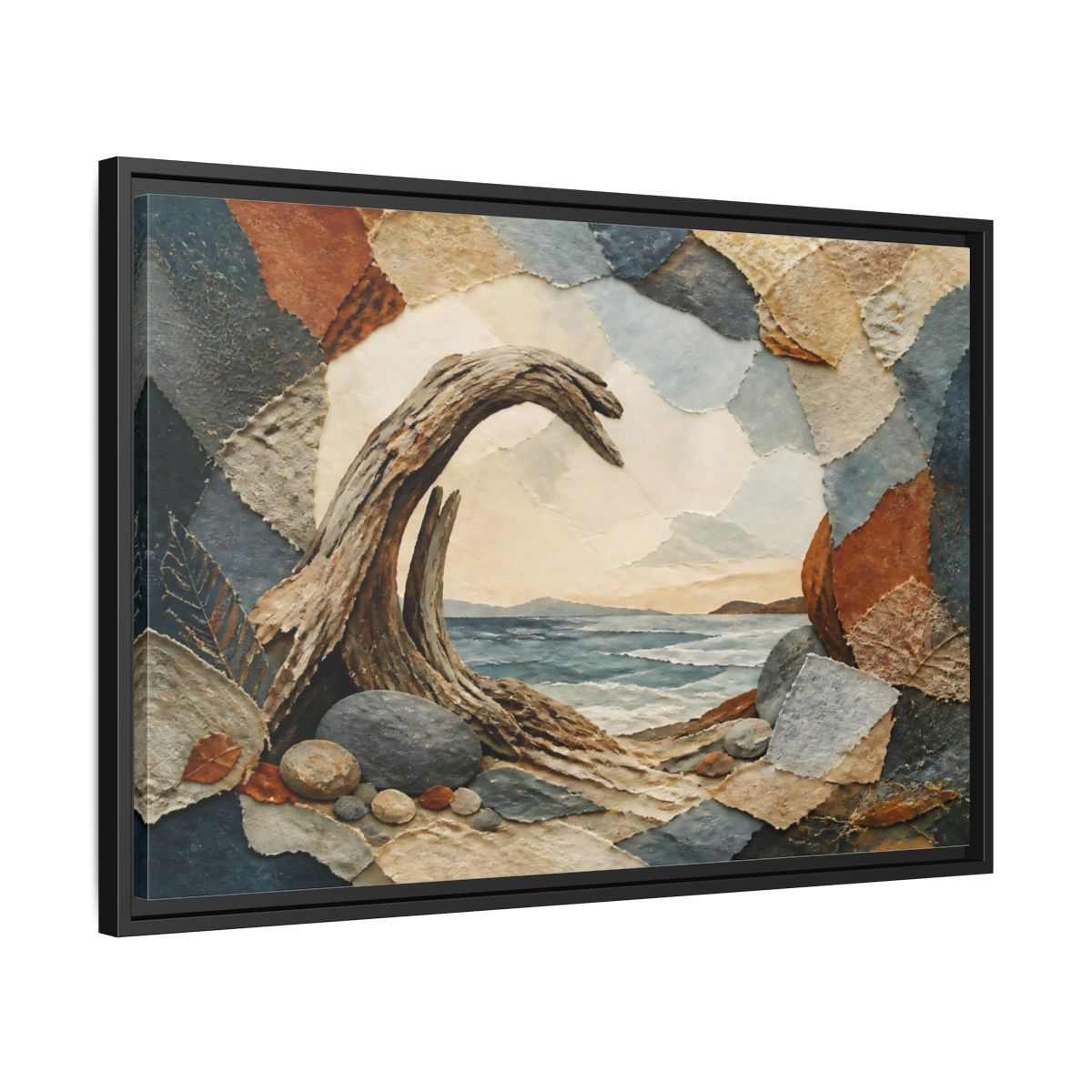 Side Mockup 14. Driftwood Arch Seascape shown as framed canvas print