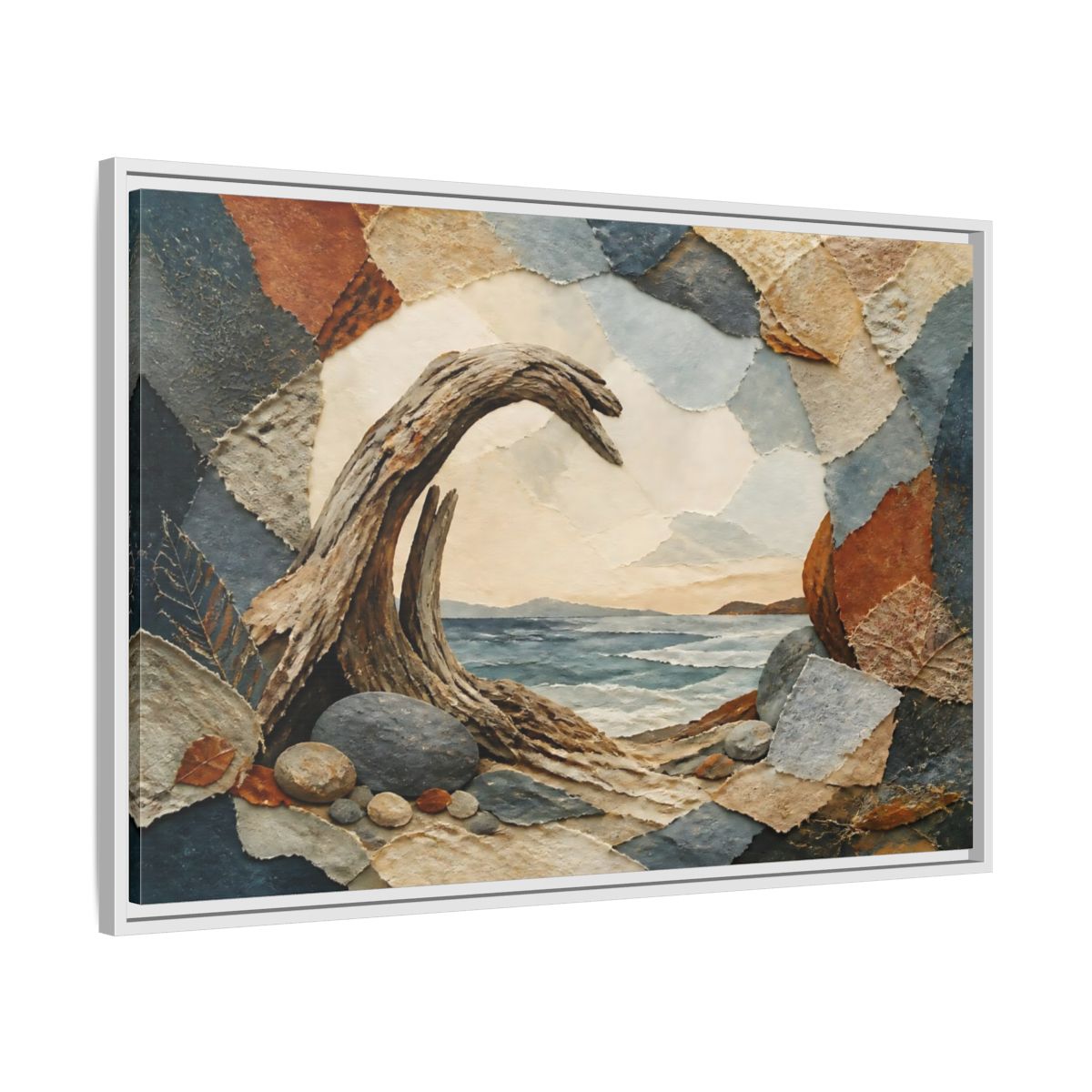 Side Mockup 9. Driftwood Arch Seascape shown as framed canvas print